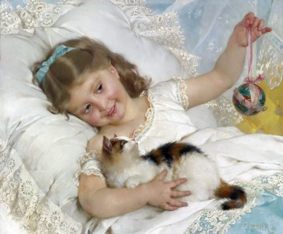 Dítě a kočka par Munier, Emile (1840-1895). Olej na plátně, rozměr : 54,6x65,4, , Soukromá sbírka od Emile Munier