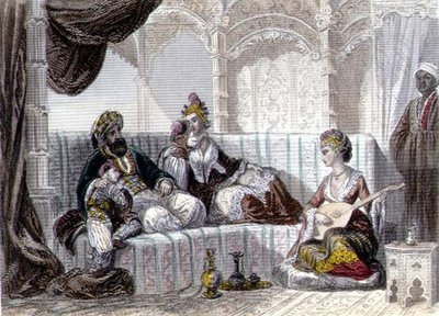 Interiér s beyem a jeho rodinou, z „Konstantinopole a Černého moře“, vyrytý bratry Rouergueovými od Emile and Rouergue Adolphe Rouergue