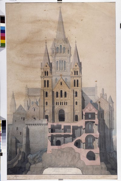 Gotická architektura: průčelí kostela a řez opatských domů. Kresba Městského muzea Avranches (Manche) od Emile Sagot