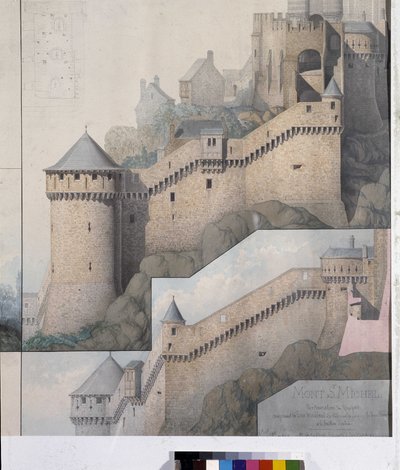 Pohled na machicoulis mezi severní věží a Claudine Tower of Mont Saint Michel. Kresba Emile Sagot. Městské muzeum Avranches (Manche) od Emile Sagot