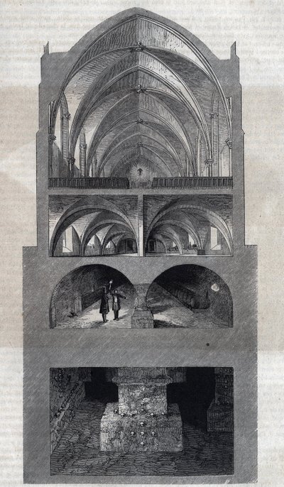 Průřez střední školy Napoleon v Paříži (dnes Lycee Henri IV). Shora dolů: refektář, kuchyně, sklepy, katakomby. Gravírování Therond. V “”Le Magasin malebném”” od Emile Theodore Therond