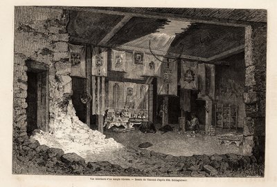 Vnitřní pohled na tibetský chrám, kresba Theronda, pro ilustraci rekapitulace geografického roku 1862, od Vivien de Saint Martin. Rytina v „“Le tour du monde““, editoval Edouard Charton od Emile Theodore Therond