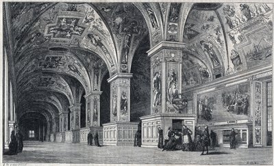 Vnitřní pohled na vatikánskou knihovnu v 18. století. Rytina Theronda z kresby Francoise Panniniho. od Emile Theodore Therond