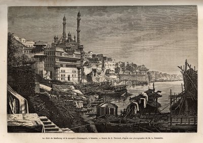 Madhorayův ghát (schody, které pokrývají břehy řeky, které umožňují sestoupit v kontaktu s vodou) a mešita Aurangzeb v Benares, vyrytá podle kresby E. Theronda, znázorňující plavbu rádžahů do Indie v letech 1864-1868 , od Louise Ro od Emile Theodore Therond