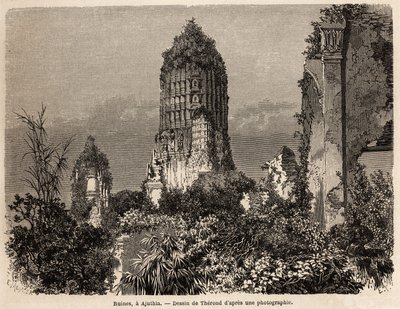Ruiny pořízené ve vegetaci džungle v Ajuthii (Thajsko), kresba Theronda, pro ilustraci cesty královstvími Siam, Kambodža a Laos, od roku 1858 do roku 1861, od Henriho Mouhota. Rytina v „“Le tour du monde““, editoval Edouard od Emile Theodore Therond