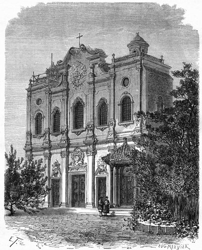 Pohled na průčelí katedrály Nantang, postavené na místě domu Mattea Ricciho (1552-1610), otce katolicismu v Číně. Rytina podle kresby od Theronda v „“ Le Tour du Monde, Nouveau journal des Voyages“, editoval Edouard Chart od Emile Theodore Therond