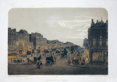 Boulevard du Temple, Paříž. Litografický akvarel, ilustrace E.de la Tramblaiz, v „Album, souvenirs de Paris“, editor Daziaro, Paris od Emile de la Tramblais