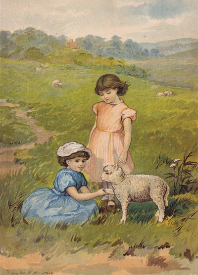 Dvě dívky hladící jehně (chromolit) od Emily Jane Harding Andrews