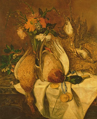 Zátiší s divokou kachnou, sluky a zlatými medailemi, kolem roku 1850 od Emily Stannard