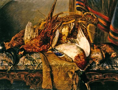 Zátiší s bažanty na mramorovém stole, asi 1850 (olej na plátně) od Emily Stannard
