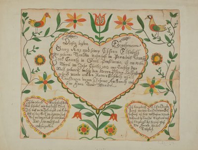 Fraktur - Rodný a křestní list od Emma M. Krumrine