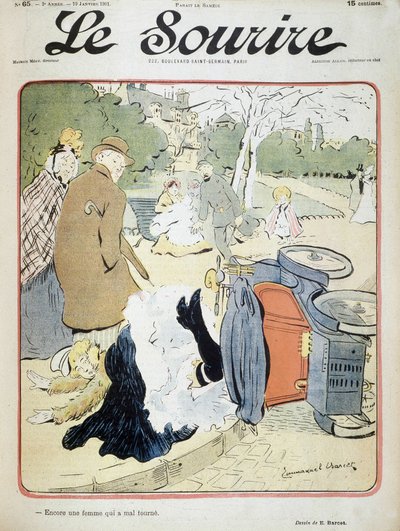 Autonehoda: „Další žena, která se pokazí.“ Ilustrace Emmanuel Barcet (1870-1940) – v „“Le Smile““ z 19. 1. 1901 od Emmanuel Barcet