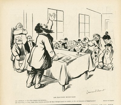 Ilustrace Emmanuela Barceta (1870-1940) v Le Rire, 09.05.08 - Komunální volby - Volby, Politická schůze, schůze, volební schůze, komunální volby od Emmanuel Barcet