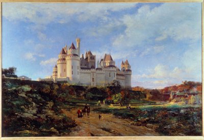 Pohled na hrad Pierrefonds v obraze Oise od Emmanuela Lansyera (1835-1893) Beauvais z 19. století. Musee departement de l