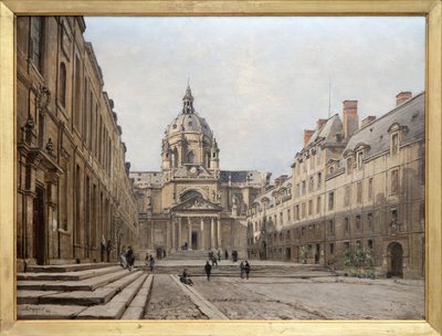 Pohled na nádvoří staré Sorbonny v roce 1886, starý soubor Sorbonny postavený v 17. století na žádost Richelieua byl zničen, aby byl přestavěn a rozšířen v letech 1885 až 1901. Byly navrženy budovy inspirované stylem Ludvíka XIII. od Emmanuel Lansyer