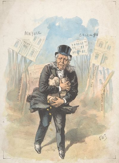 Muž držící pytlíky s penězi, zatímco se banky hroutí, konec 19.-začátek 20. století. od Emmanuel Wyttenbach