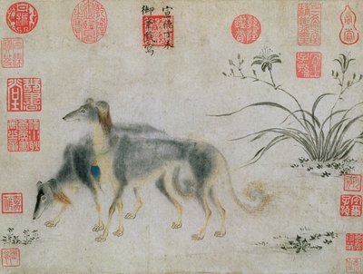 Dva saluki honiči, 1427 (inkoust na papíře) od Emperor Hsuan tsung