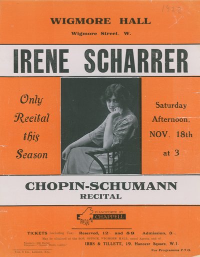 Reklama na Chopin-Schumannův recitál s Irene Scharrer od English Photographer