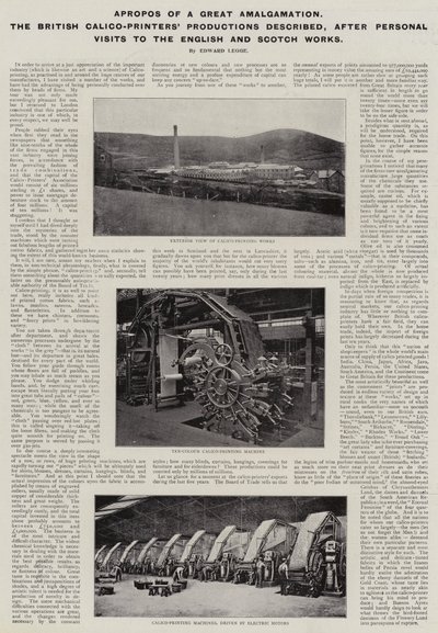 Britská společnost Calico-Printers Productions popsala po osobních návštěvách anglických a skotských závodů apropos velké amalgamace od English Photographer
