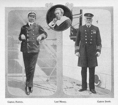 Arthur Henry Rostron, kapitán RMS Carpathia, která zachránila přeživší Titanic (vlevo), Lord Mersey, který vedl vyšetřovací komisi Titanicu (uprostřed) a Edward John Smith, kapitán Titaniku (vlevo od English Photographer