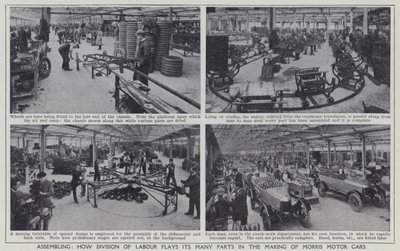 Montáž, Jak dělba práce hraje mnoho rolí při výrobě Morris Motor Cars (černobílá fotografie) od English Photographer