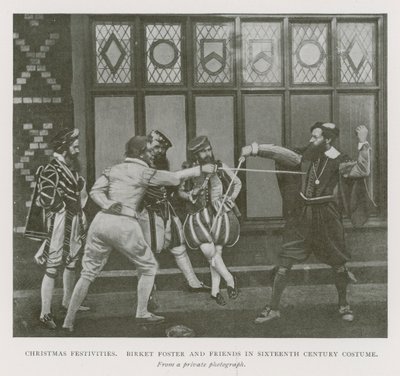 vánoční slavnosti. Anglický umělec Myles Birket Foster a přátelé v kostýmu 16. století (černobílá fotografie) od English Photographer
