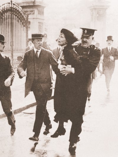 Zatčení Emmeline Pankhurst před Buckinghamským palácem při pokusu požádat krále, 21. května 1914 (sépiová fotografie) od English Photographer