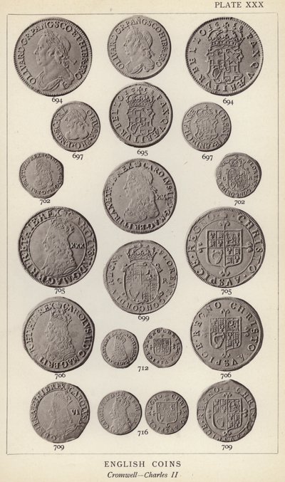 Anglické mince, Cromwell, Charles II (černobílá fotografie) od English Photographer