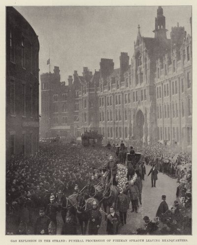 Výbuch plynu v Strand, pohřební průvod hasiče Sprague opouštějící ředitelství od English Photographer