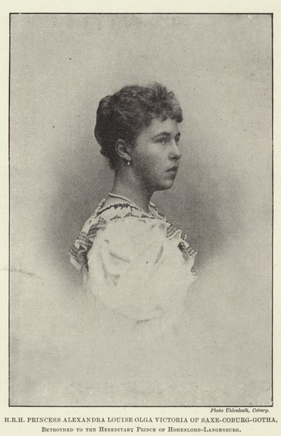 Jeho královská výsost princezna Alexandra Louise Olga Victoria ze Saxe-Coburg-Gotha, zasnoubená s dědičným princem z Hohenlohe-Langenburgu od English Photographer