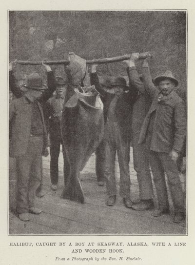 Halibut, chycený chlapcem ve Skagway na Aljašce, s vlascem a dřevěným hákem od English Photographer