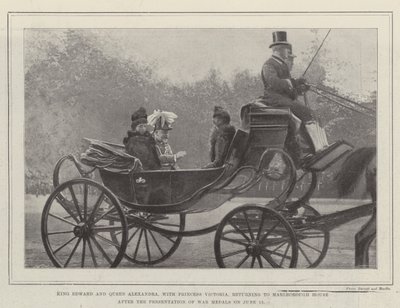 Král Edward a královna Alexandra s princeznou Victorií se vracejí do Marlborough House po předávání válečných medailí 12. od English Photographer