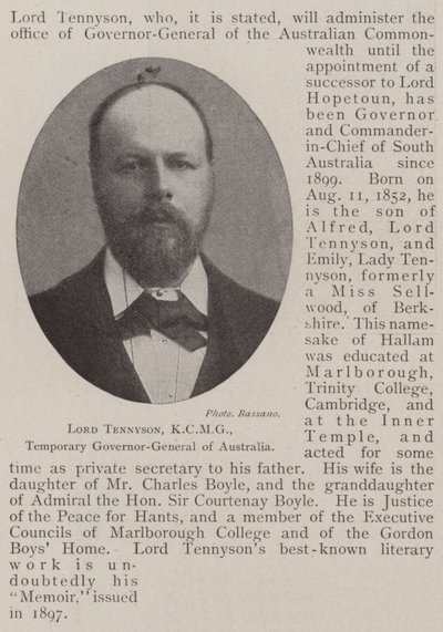 Lord Tennyson, KCMG, dočasný generální guvernér Austrálie od English Photographer