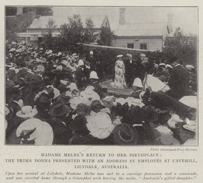 Madame Melbas Návrat do svého rodiště, Prima Donna s proslovem zaměstnanců v Cavehill, Lilydale, Austrálie od English Photographer