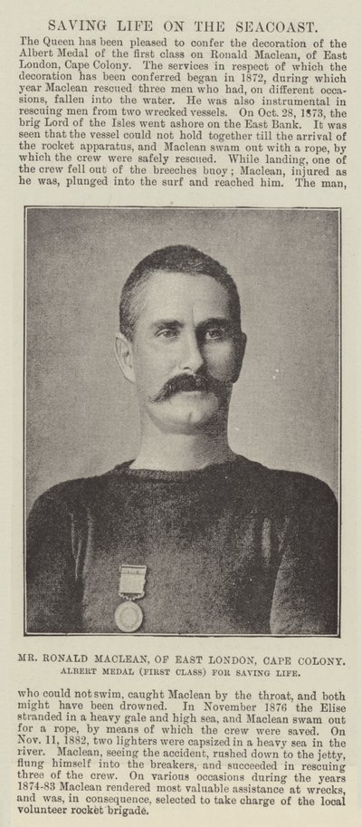 Pan Ronald Maclean z východního Londýna, Cape Colony, Albert Medal (první třída) za záchranu života od English Photographer