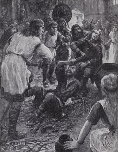 Vražda krále Edmunda I. při účasti na mši svatého Augustina v Pucklechurch, Gloucestershire, 946 (litho) od English Photographer