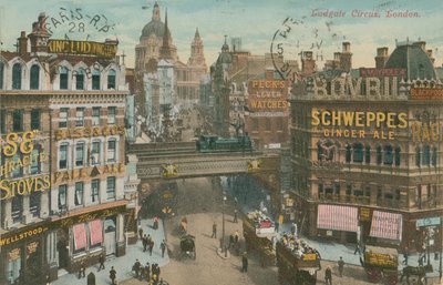 Pohlednice Ludgate Circus, Londýn, odeslána v roce 1913 (ručně kolorovaná fotografie) od English Photographer