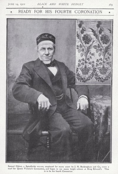 Samuel Oldart, tkadlec ze Spitalfields v Londýně, který utkal šátek na korunovaci královny Viktorie (č/b foto) od English Photographer