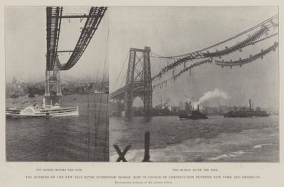 Spálení visutého mostu New East River, nyní ve výstavbě mezi New Yorkem a Brooklynem od English Photographer