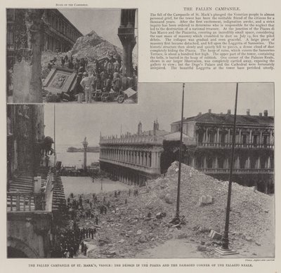 Padlá zvonice St Marks, Benátky, trosky na náměstí Piazza a poškozený roh Palazzo Reale od English Photographer