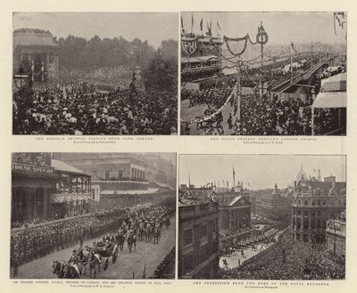 Zahraniční princové projíždějící kolem Hyde Park Corner, Sir Wilfrid Laurier, GCMG, premiér Kanady, a Colonial Escort v Pall Mall, námořní brigáda překračující London Bridge, průvod ze střechy od English Photographer