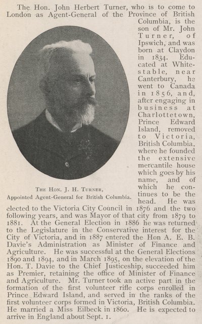 Ctihodný JH Turner, jmenován generálním agentem pro Britskou Kolumbii od English Photographer