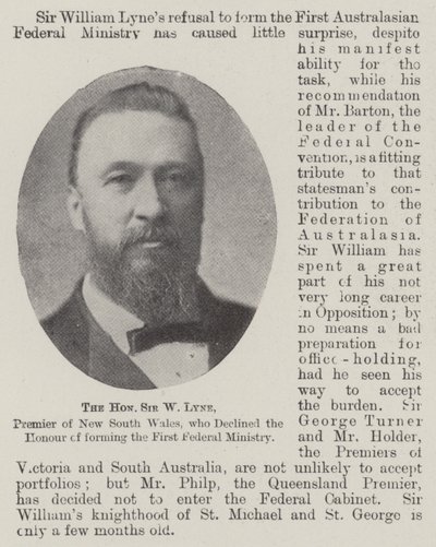 Ctihodný sir W Lyne, premiér Nového Jižního Walesu, který odmítl čest za vytvoření prvního federálního ministerstva od English Photographer
