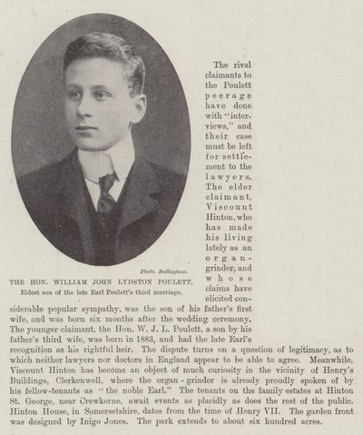 Ctihodný William John Lydston Poulett, nejstarší syn zesnulého třetího manželství hraběte Poulettse od English Photographer