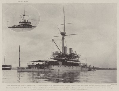 Neviditelnost válečných lodí, HMS Devastation v nové šedé barvě kontrastuje s bývalým černě natřeným trupem od English Photographer