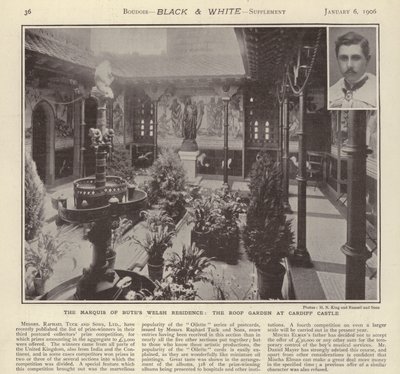 Velšská rezidence markýze Bute: Střešní zahrada na zámku Cardiff (černobílá fotografie) od English Photographer