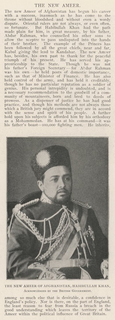 Nový Ameer Afghánistánu, Habibullah Khan, uznaný britskou vládou od English Photographer
