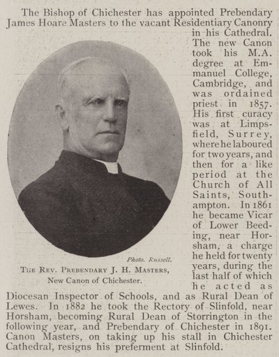 Reverend Prebendary JH Masters, nový kánon Chichesteru od English Photographer