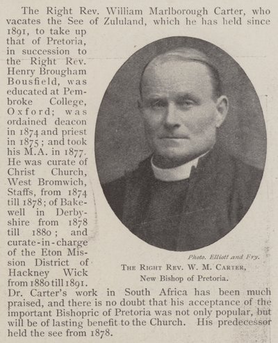 Správný reverend W M Carter, nový biskup z Pretorie od English Photographer
