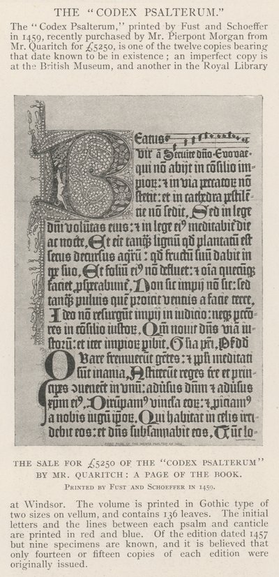 Prodej Codexu Psalterum od pana Quaritche za 5250 liber, strana knihy od English Photographer